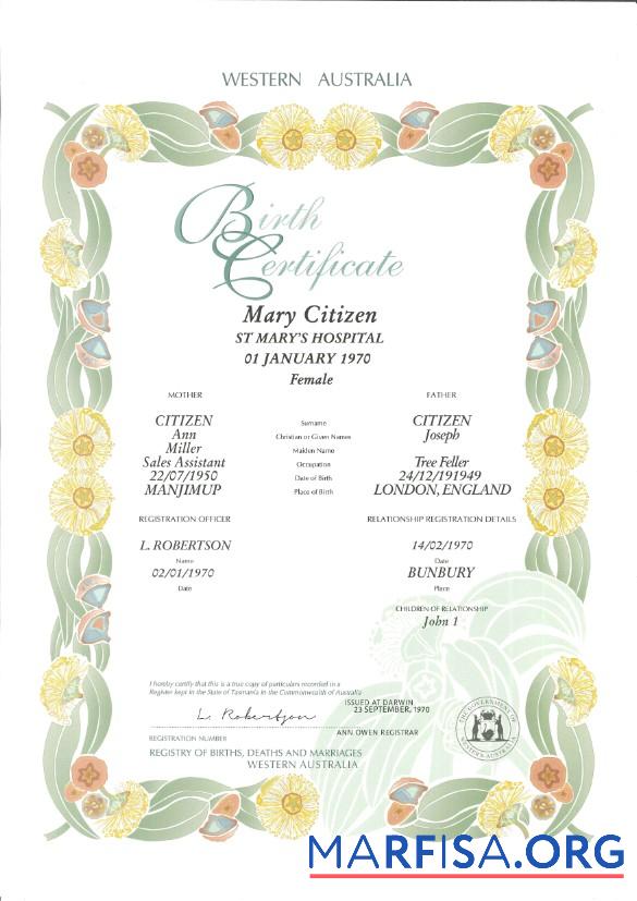 Realistic Australia Western Australia decorative (commemorative) birth certificate template in PSD format